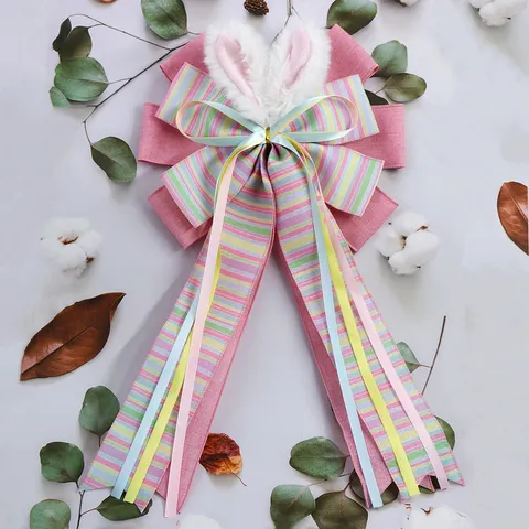 Handmade Easter Ribbon Bow With Plush Bunny Ears Pink Stripe Decorative Large Bow For Spring Wreath Home Festival Party Decoration