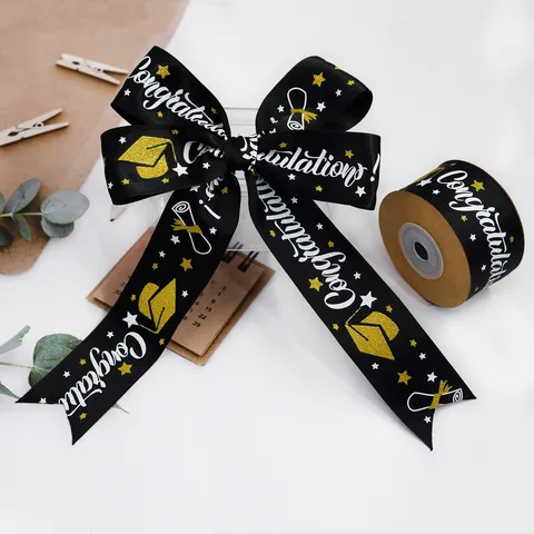 Black And White Graduation Printed Polyester Ribbon Bronzing Letter Ribbon For Gift Wrapping And Holiday Party Craft Decor