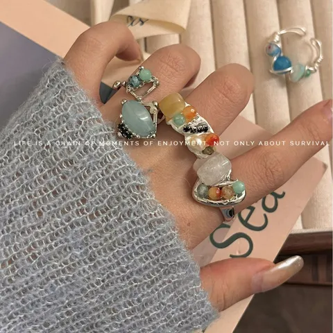 New Chinese Handmade Beaded Natural Rough Stone Open Adjustable Ring Women Retro Cold Style Fashion Finger Jewelry