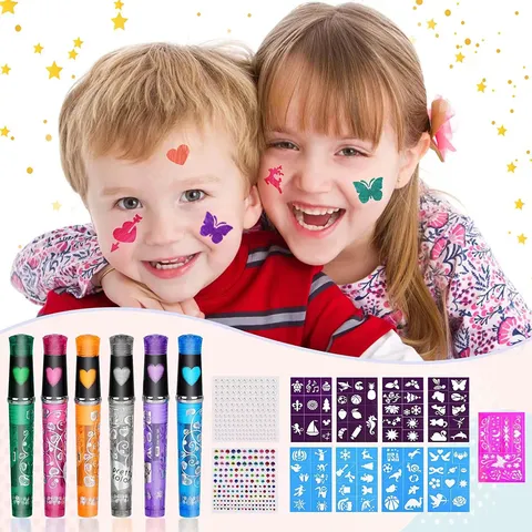 Kids Washable Tattoo Pen Set Cartoon Face Paint Graffiti Pens With Stencils And Rhinestone Stickers For Party DIY Toys