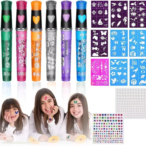 Kit Tatuaggio Temporaneo per Bambini DIY Body Art Penne da Pittura Adesivi con Strass Glitter Trucco per Feste