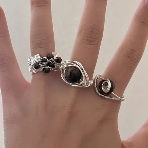 Bague Large Empilable en Pierre Œil-de-tigre Faite Main Style Maillard Vintage Géométrique Enroulée Bijou Femme