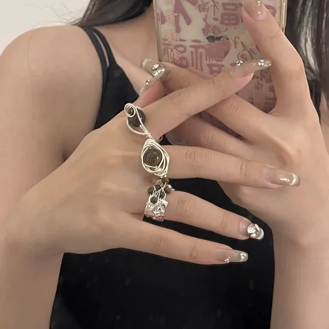 Bague Large Empilable en Pierre Œil-de-tigre Faite Main Style Maillard Vintage Géométrique Enroulée Bijou Femme