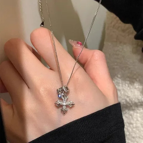 Chinese Style Vajra Pestle Cross Multi Pendant Necklace Alloy Rhinestone Electroplated Clavicle Chain Ring Jewelry For Women Party