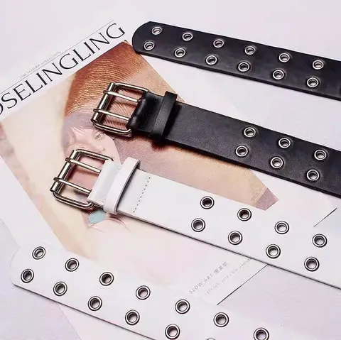 Women Punk Style PU Leather Belt Double Prong Grommet Eyelet Waist Belt Casual Metal Hollow Out Adjustable Waistband Fashion