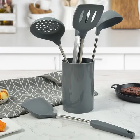 Silicone Kitchen Utensil Set Stainless Steel Handle Cooking Tools Turner Ladle Tongs Storage Holder Kitchen Accessories