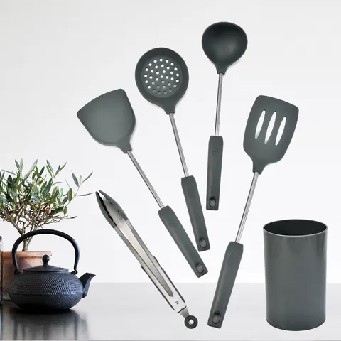 Silicone Kitchen Utensil Set Stainless Steel Handle Cooking Tools Turner Ladle Tongs Storage Holder Kitchen Accessories