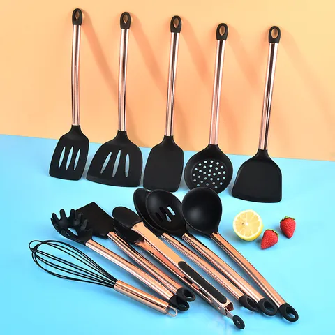 Juego de Utensilios de Cocina de Silicona Mango Chapado en Oro Antiadherente Resistente al Calor