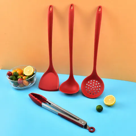 Long Handle Silicone Kitchen Utensils Set Heat Resistant Cooking Spatula Soup Spoon Colander Food Tongs Kitchen Cooking Tools