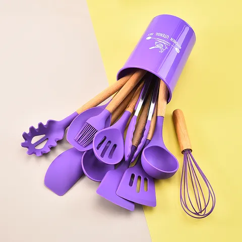 Silicone Kitchen Utensils Set Wooden Handle Heat Resistant Cooking Tools Spatula Soup Spoon Kitchenware