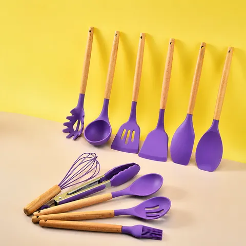 Silicone Kitchen Utensils Set Wooden Handle Heat Resistant Cooking Tools Spatula Soup Spoon Kitchenware