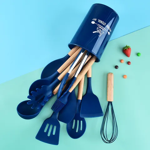 Silicone Kitchen Utensils Set Wooden Handle Non Stick Cookware Tools With Storage Holder Spatula Whisk Kitchen Accessories