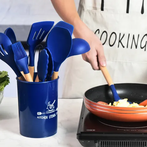 Silicone Kitchen Utensils Set Wooden Handle Non Stick Cookware Tools With Storage Holder Spatula Whisk Kitchen Accessories