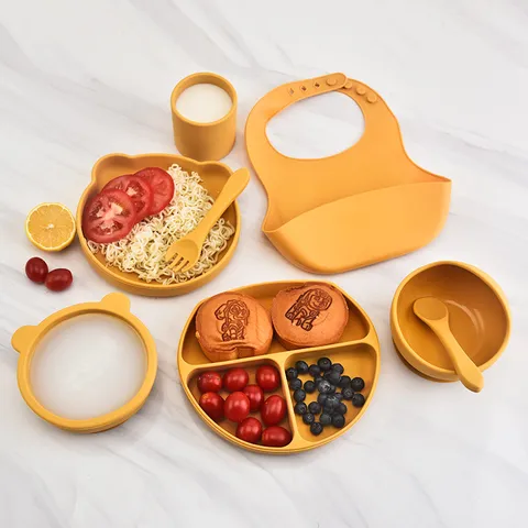 Infant Feeding Silicone Tableware Bowl Partitioned Dinner Plate Bib Spoon Fork Toddler Kitchenware