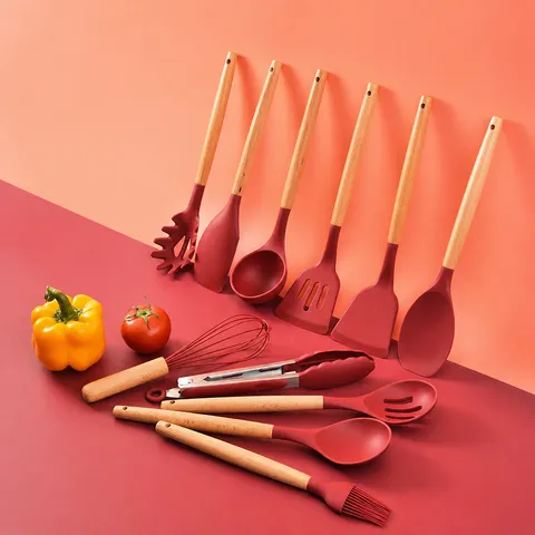 Silicone Kitchen Utensil Set Wooden Handle Non-Stick Cooking Spatula Soup Ladle Whisk Baking Tools Kitchen Accessories
