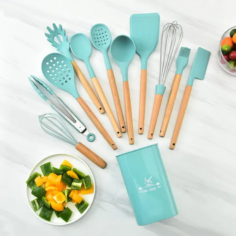 Silicone Kitchen Utensils Wooden Handle Heat Resistant Non Stick Cooking Tools Soup Spoon Spatula Kitchen Gadgets