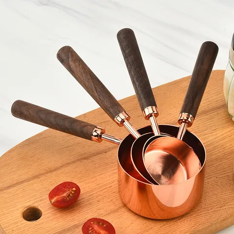 Stainless Steel Measuring Cups And Spoons Set With Walnut Wood Handle Rose Gold Baking Tools For Kitchen Cooking