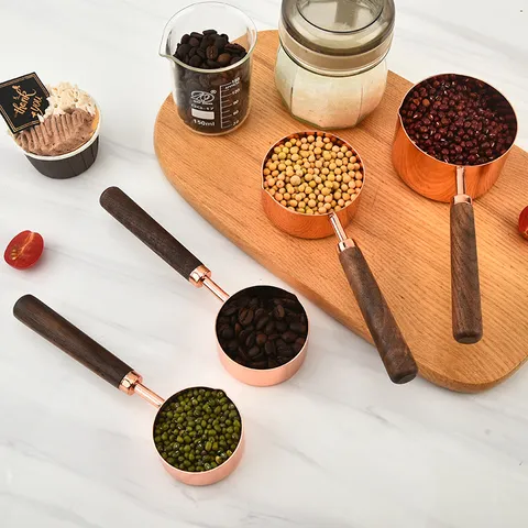Stainless Steel Measuring Cups And Spoons Set With Walnut Wood Handle Rose Gold Baking Tools For Kitchen Cooking