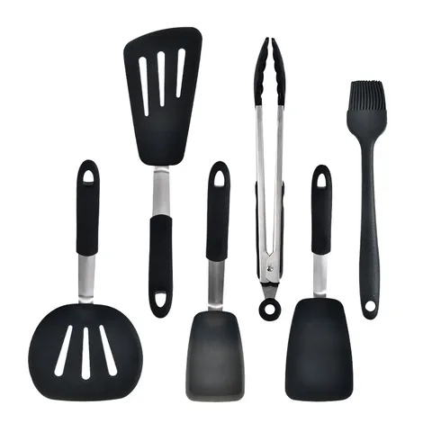 Black Silicone Kitchen Utensils Set Stainless Steel Handle Heat Resistant Cooking Tools Spatula Tongs Oil Brush Home Kitchen