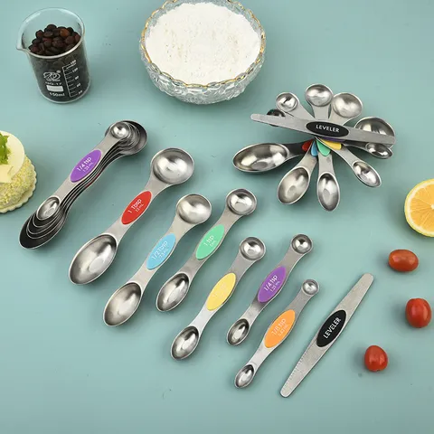 Stainless Steel Magnetic Dual Head Measuring Spoons Set Kitchen Baking Seasoning Scoop With Leveler