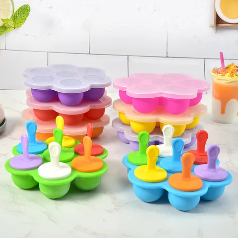 Silicone Popsicle Mold Ice Cream Mold Flower Shape Homemade Ice Tray With Lid And Sticks Baby Food Supplement Box