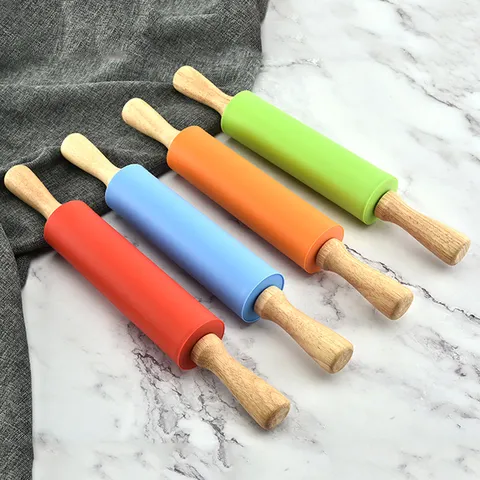 Rouleau à Pâtisserie en Silicone Avec Manche en Bois Antiadhésif Outil de Cuisson pour Cuisine Pâtisserie