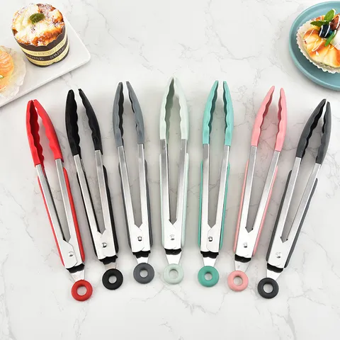 Stainless Steel Kitchen Food Tongs Silicone Head BBQ Cooking Baking Salad Serving Tong Non Slip Utensil
