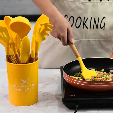 Silicone Kitchen Utensils Set With Wooden Handles Heat Resistant Cooking Tools Including Turner Spoon Spatula Whisk And Holder