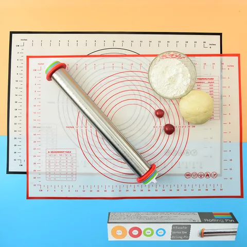 Baking Mat And Rolling Pin Set Stainless Steel Roller With Thickness Rings And Silicone Pastry Mat With Measurements