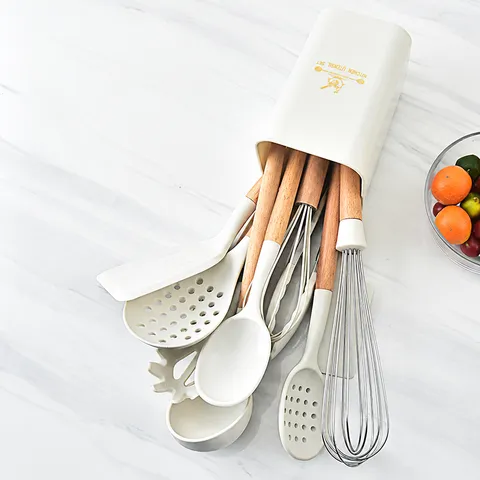 Juego de Utensilios de Cocina de Silicona Mango de Madera Resistente al Calor Juego de Herramientas de Cocina Antiadherentes Con Cubo de Almacenamiento Para Cocina Casera