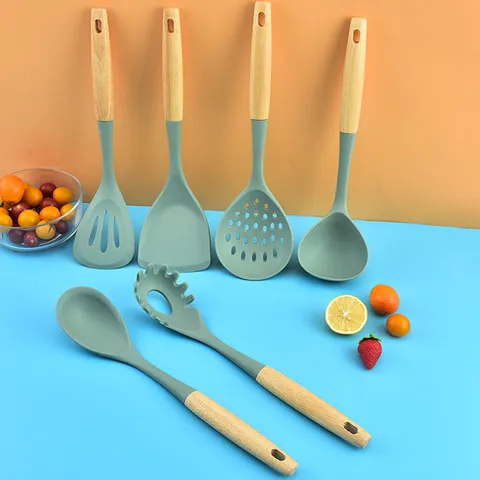 Silicone Kitchen Utensils Wooden Handle Cooking Tools Spatula Ladle Heat Resistant Kitchen Gadgets