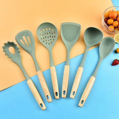 Silicone Kitchen Utensils Wooden Handle Cooking Tools Spatula Ladle Heat Resistant Kitchen Gadgets