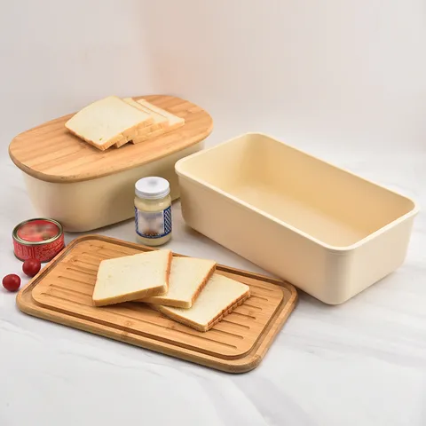 Large Capacity Plastic Bread Box Food Storage Container With Bamboo Wood Lid For Kitchen Toast Storage