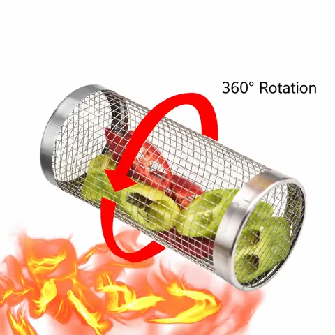 Stainless Steel BBQ Roasting Cage 304 Outdoor Barbecue Tool Cylinder Mesh Grill Basket For Camping Cooking