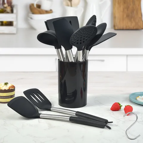 Stainless Steel Silicone Kitchenware Set Cooking Utensils Spatula Soup Spoon Heat Resistant Kitchen Tools With Storage Bucket
