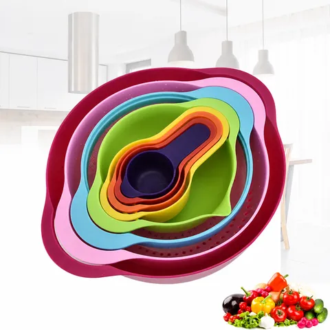 Colorful Plastic Rainbow Measuring Spoons And Mixing Bowls 8-Piece Set Nesting Kitchen Baking Tools For Cooking