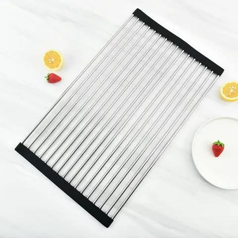 Escurridor de Platos de Acero Inoxidable Enrollable Organizador de Fregadero Plegable con Bordes de Silicona