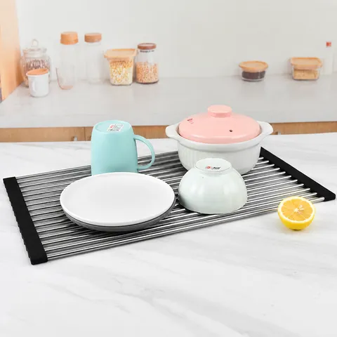 Escurridor de Platos de Acero Inoxidable Enrollable Organizador de Fregadero Plegable con Bordes de Silicona
