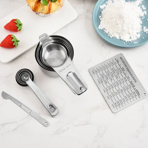 Stainless Steel Measuring Cups And Spoons Conversion Chart Kitchen Baking Tool Metal Measuring Scoop
