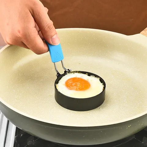 Stainless Steel Fried Egg Mold Round Omelet Maker with Folding Silicone Handle Breakfast Cooking Tool for Kitchen