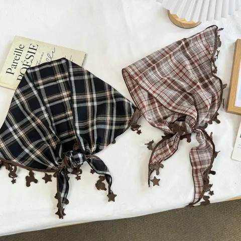 Women Plaid Triangle Scarf Vintage Polyester Headscarf With Lace Trim Cute Pendants Neck Kerchief Versatile Casual Hair Bandana
