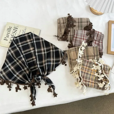 Women Plaid Triangle Scarf Vintage Polyester Headscarf With Lace Trim Cute Pendants Neck Kerchief Versatile Casual Hair Bandana