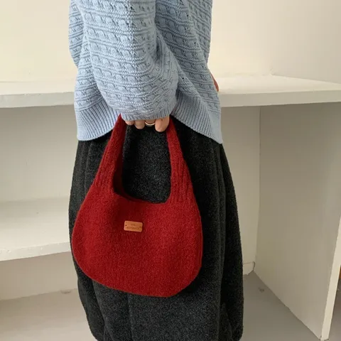 Korean Style Soft Plush Knit Handbag For Women Solid Color Warm Woolen Top Handle Bag Casual Autumn Winter Tote Purse