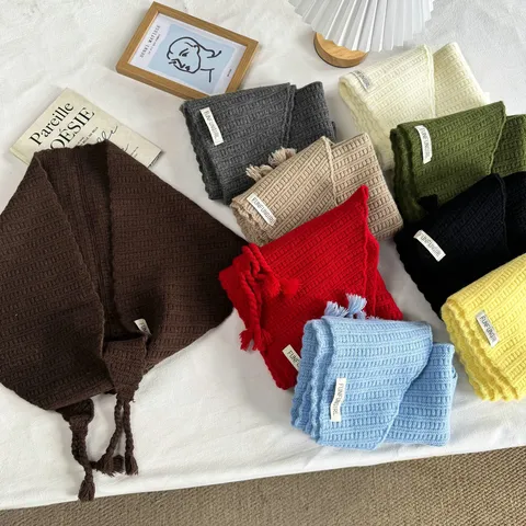Pañuelo Triangular de Punto para Mujer Color Sólido Con Borlas y Lazos Chal de Invierno Cálido Pañuelo Fino Estilo Coreano para Otoño
