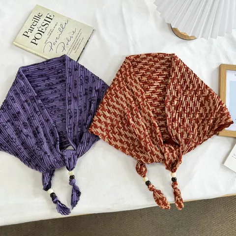 Vintage Ethnic Pleated Triangle Scarf For Women Polyester Beaded Tassel Multi Functional Bandana Summer Headwrap Hair Accessory