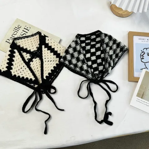 French Vintage Hand Crochet Triangle Scarf Women Plaid Daisy Knitted Headband Bandana Lace Up Hair Accessory