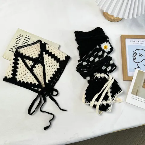 French Vintage Hand Crochet Triangle Scarf Women Plaid Daisy Knitted Headband Bandana Lace Up Hair Accessory