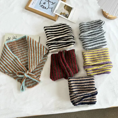 Damen Gestreiftes Strick Dreieckstuch Herbst Winter Vielseitiges Schultertuch Halswärmer Studenten Kopftuch Strickschal
