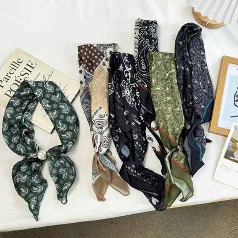 Women Vintage Paisley Printed Satin Scarf Elegant Silk Feeling Neck Scarf With Artificial Pearl Ring Headband Hair Band Ribbon For Shirt Decor