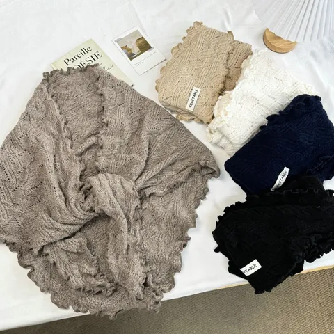 Πλεκτό Τριγωνικό Σάλι Κορεατικού Στυλ με Κυματιστή Άκρη για Γυναίκες Φθινόπωρο Χειμώνας Πολυχρηστική Ζεστή Κάπα Κασκόλ